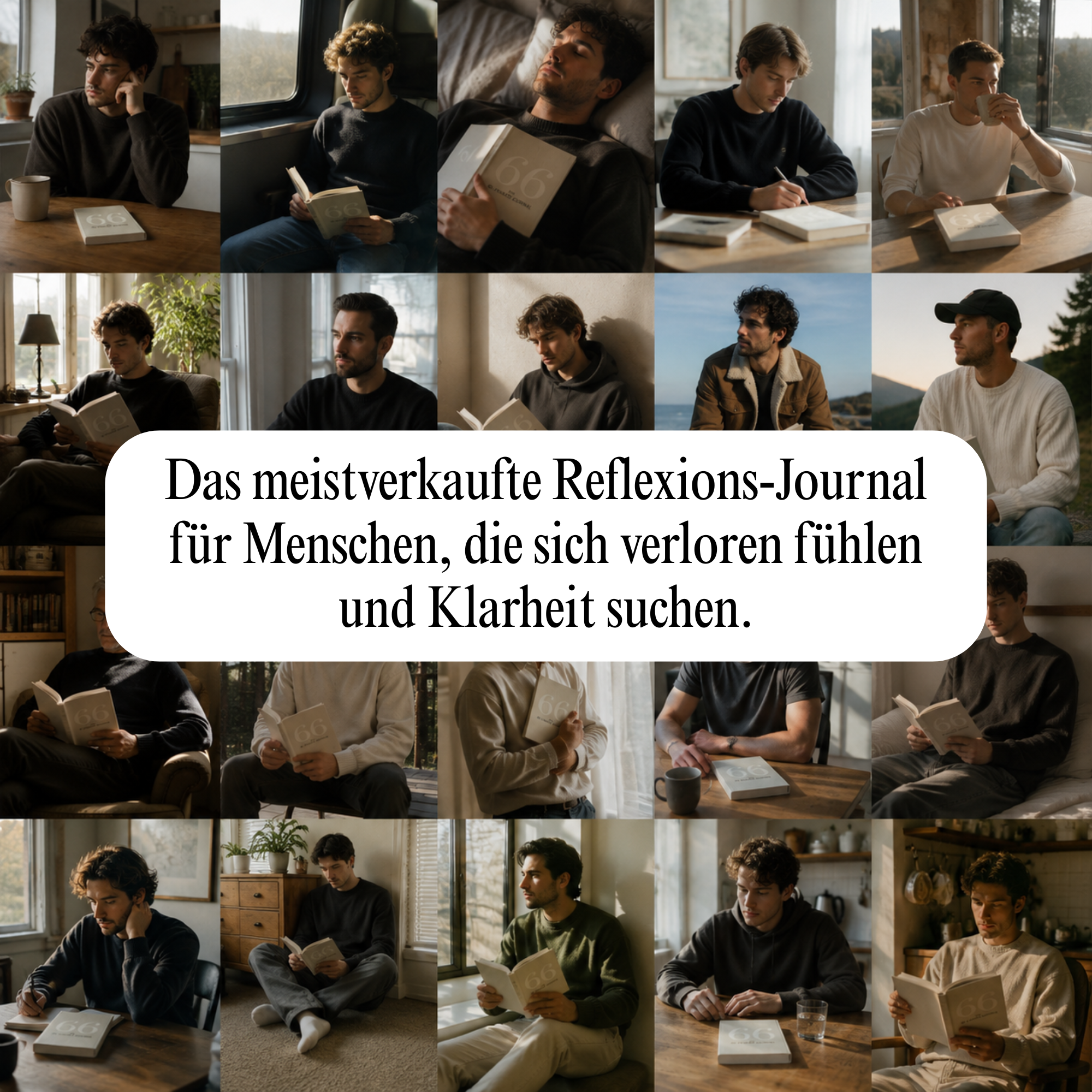 A photo collage of men reading and writing in a journal with German text overlaid in the center.