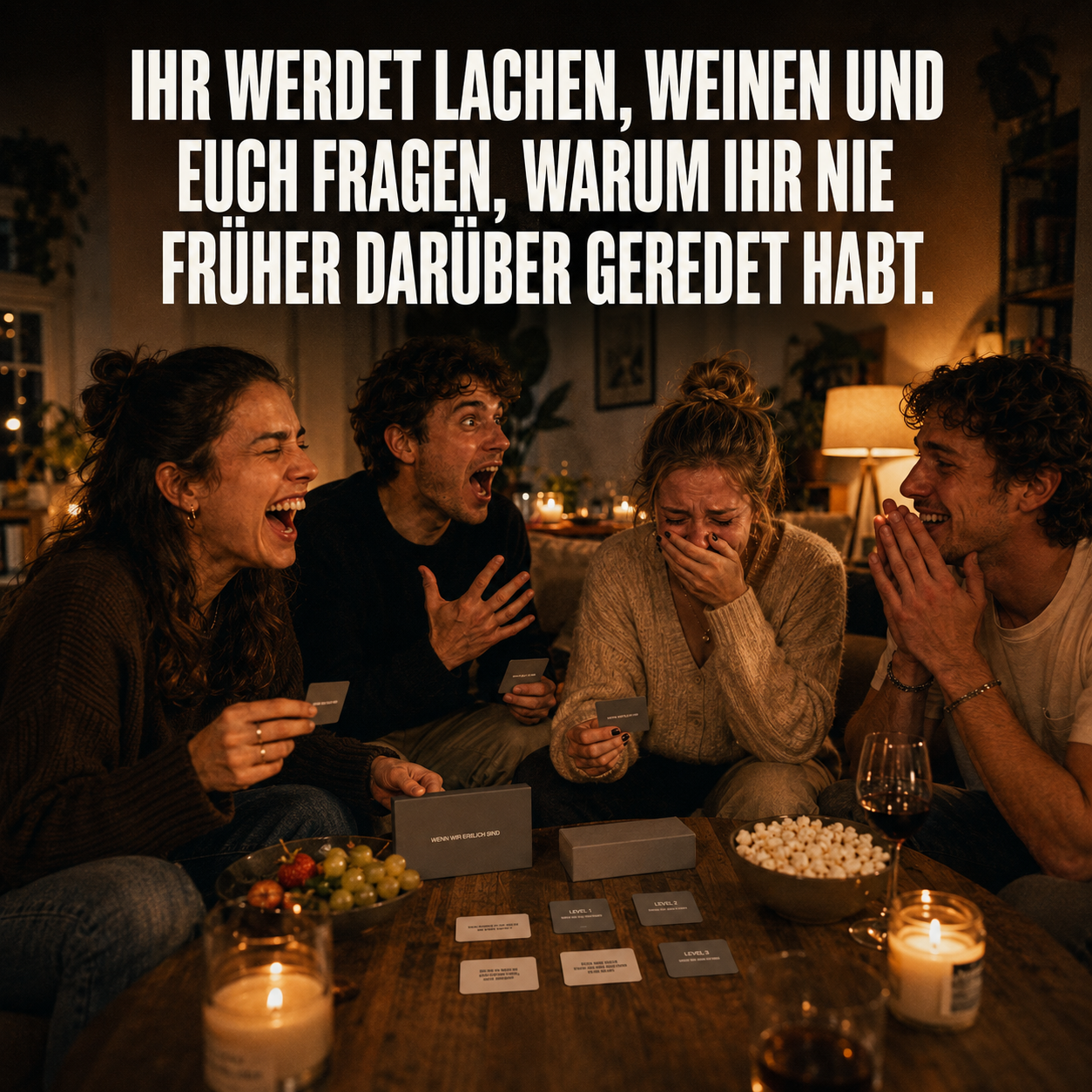 Four friends laugh and cry while playing a card game in a cozy, candlelit room at night.