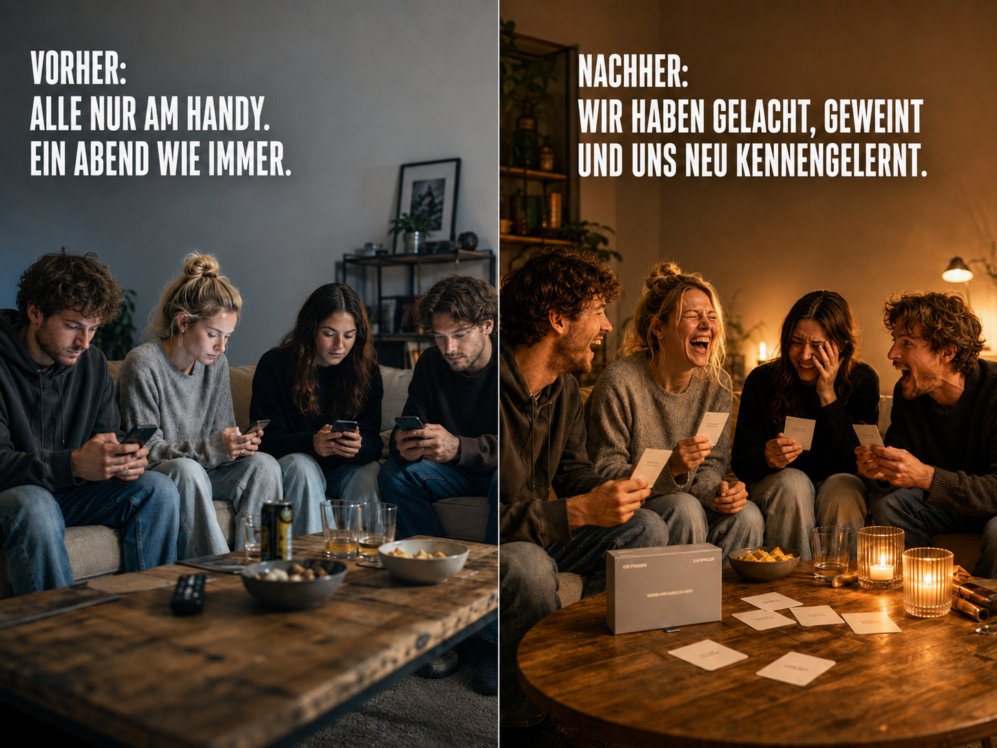 A split image shows four people looking at their phones, then laughing together while playing a card game.