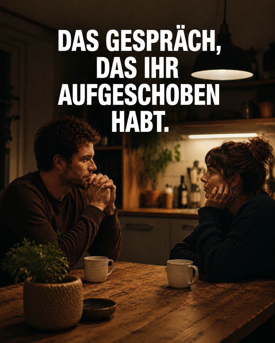 A man and a woman sit at a dimly lit wooden table, looking at each other in a serious conversation.