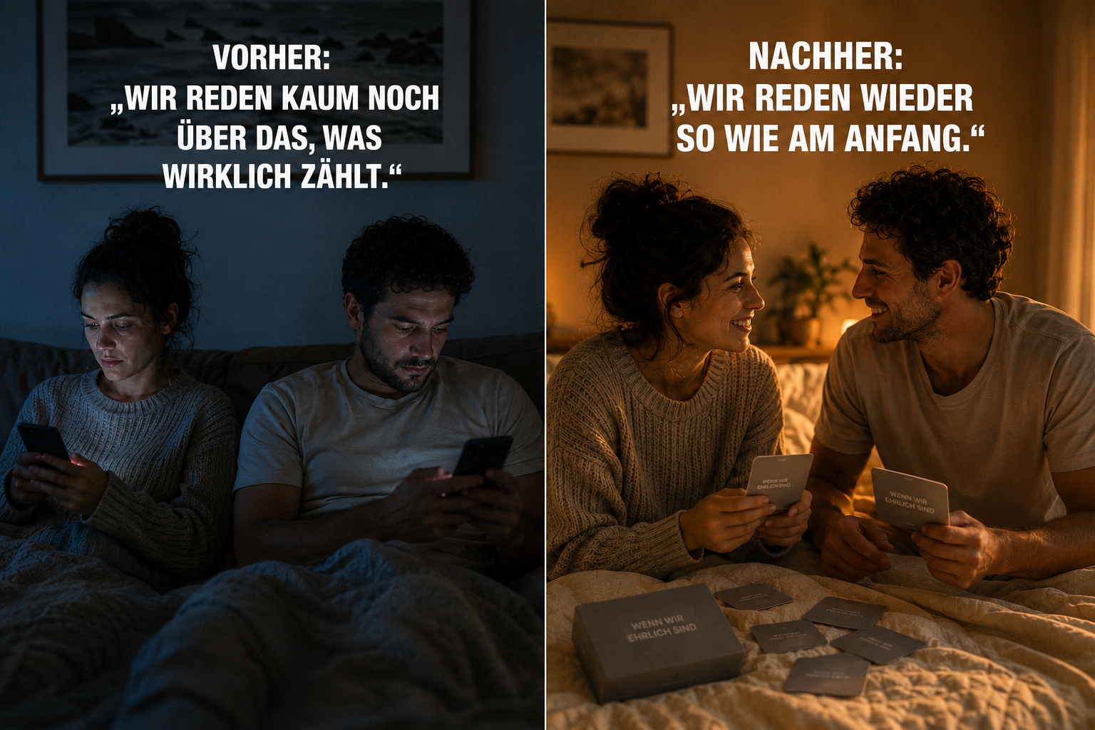 A before-and-after image showing a couple on their phones, then happily playing a card game in bed.