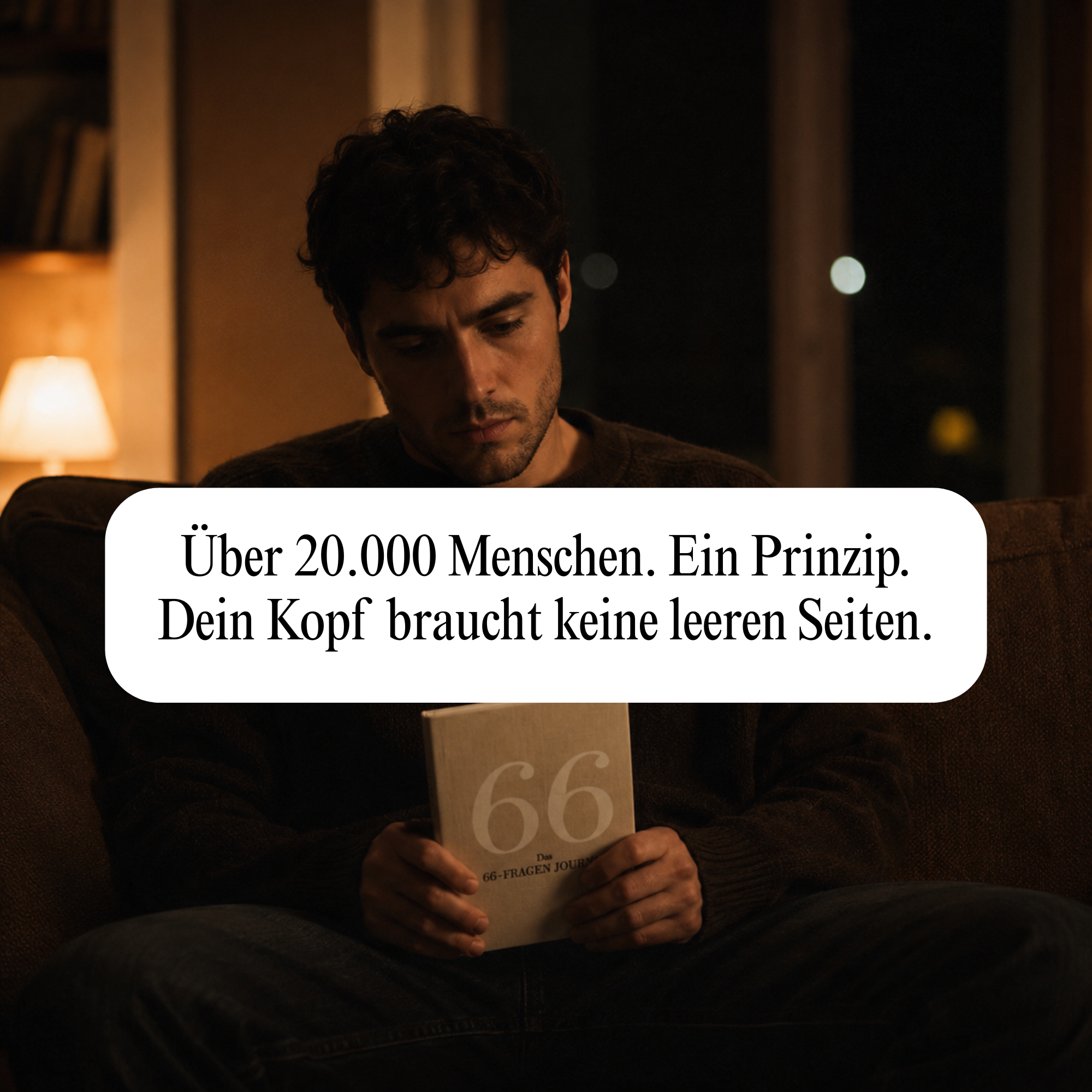 A pensive man sits in a dimly lit room, holding a book with German text overlaid on the image.
