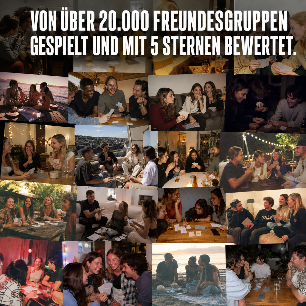 A photo collage showing various groups of friends laughing and playing a card game in different settings.