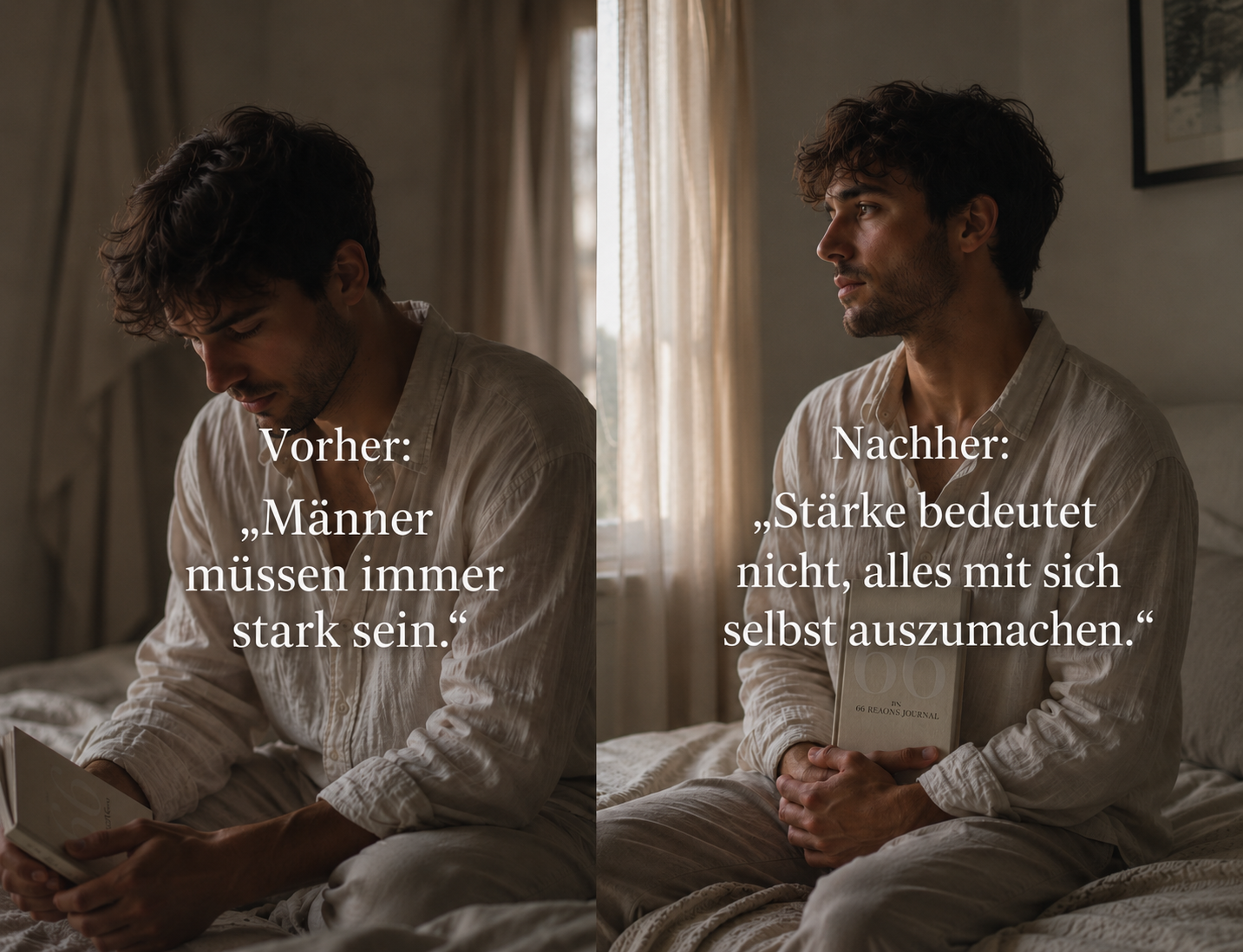 A diptych showing a man on a bed with German text captions in a before-and-after format.