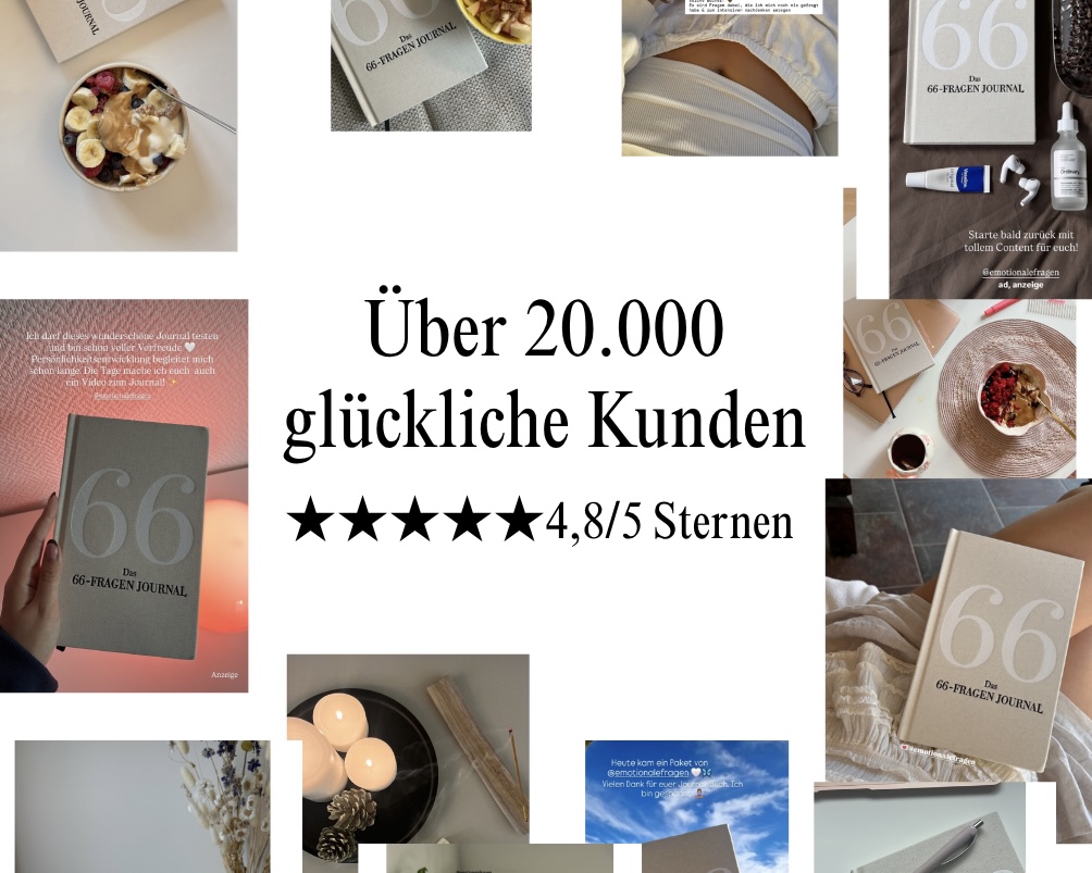 A collage of customer photos featuring 'Das 66-Fragen Journal' with text about happy customers and star ratings.