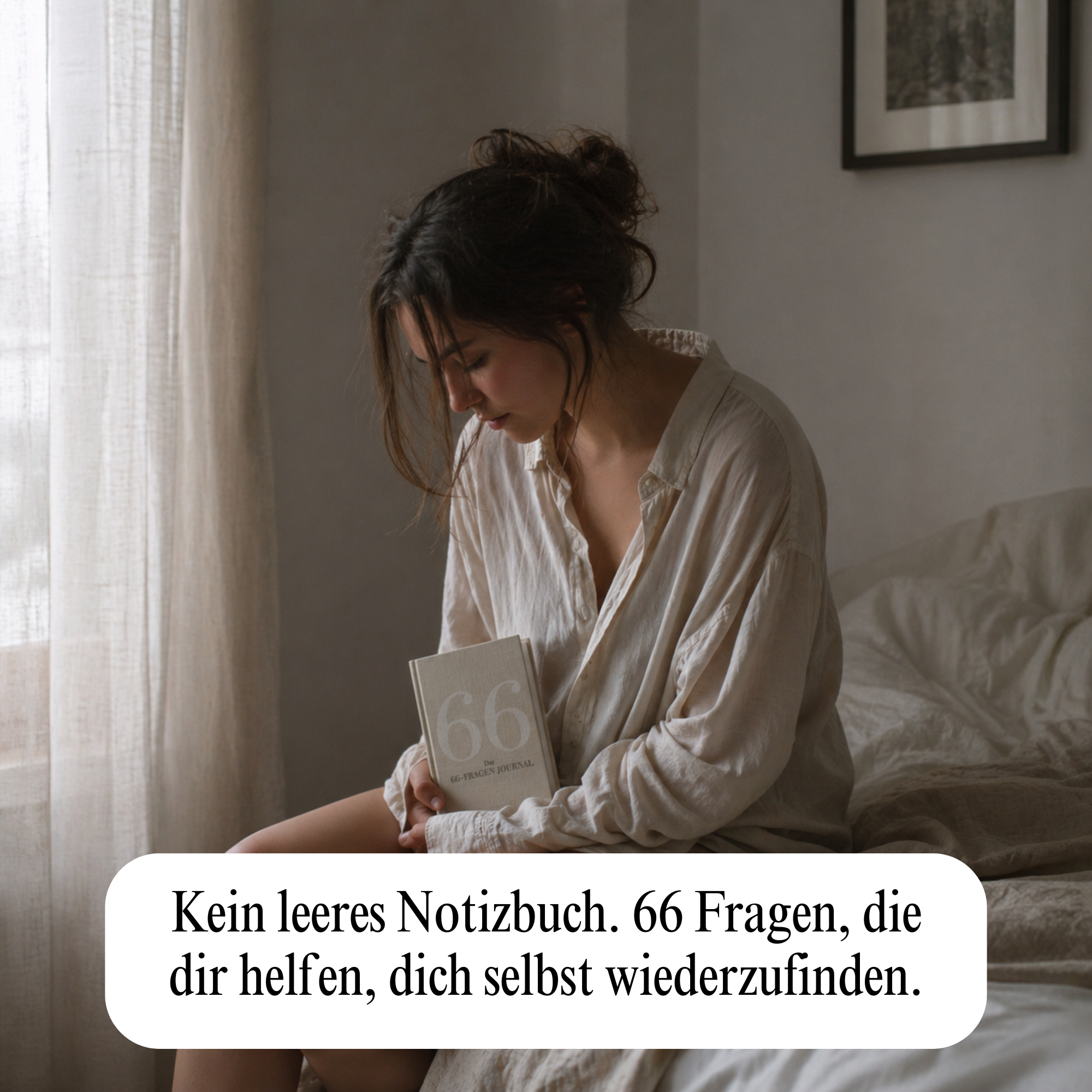 A woman in a light-colored shirt sits on a bed, looking down while holding a journal.