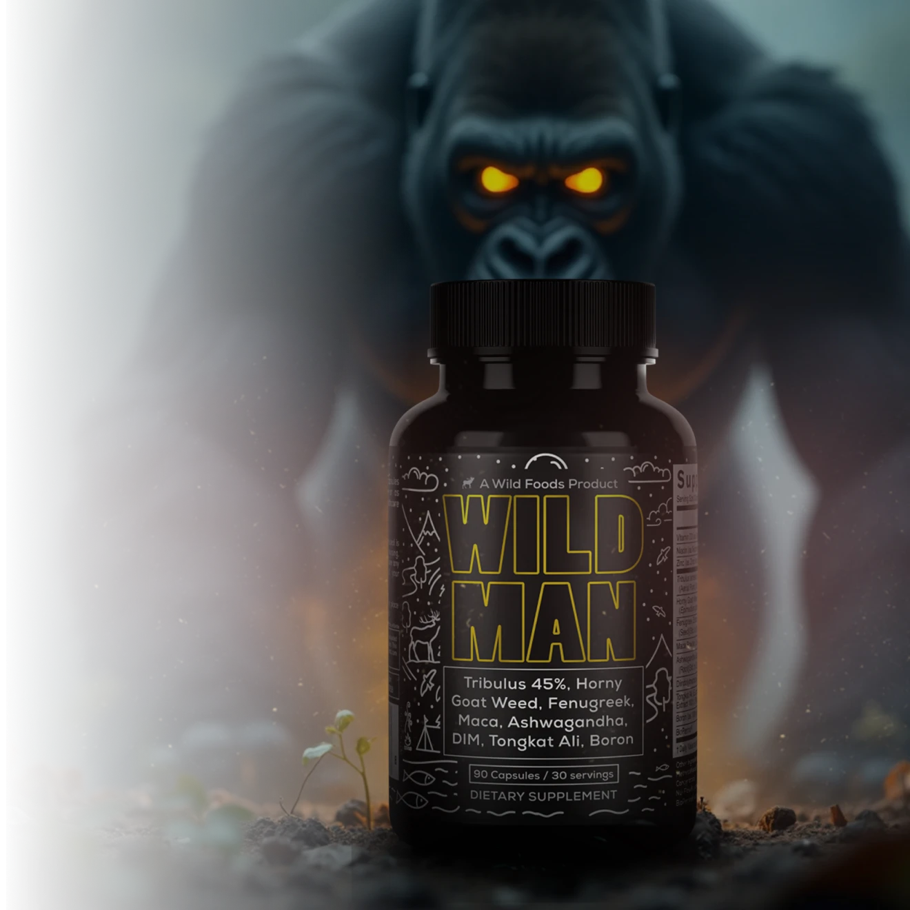Supplement bottle labeled 'Wild Man' with a gorilla in the background.