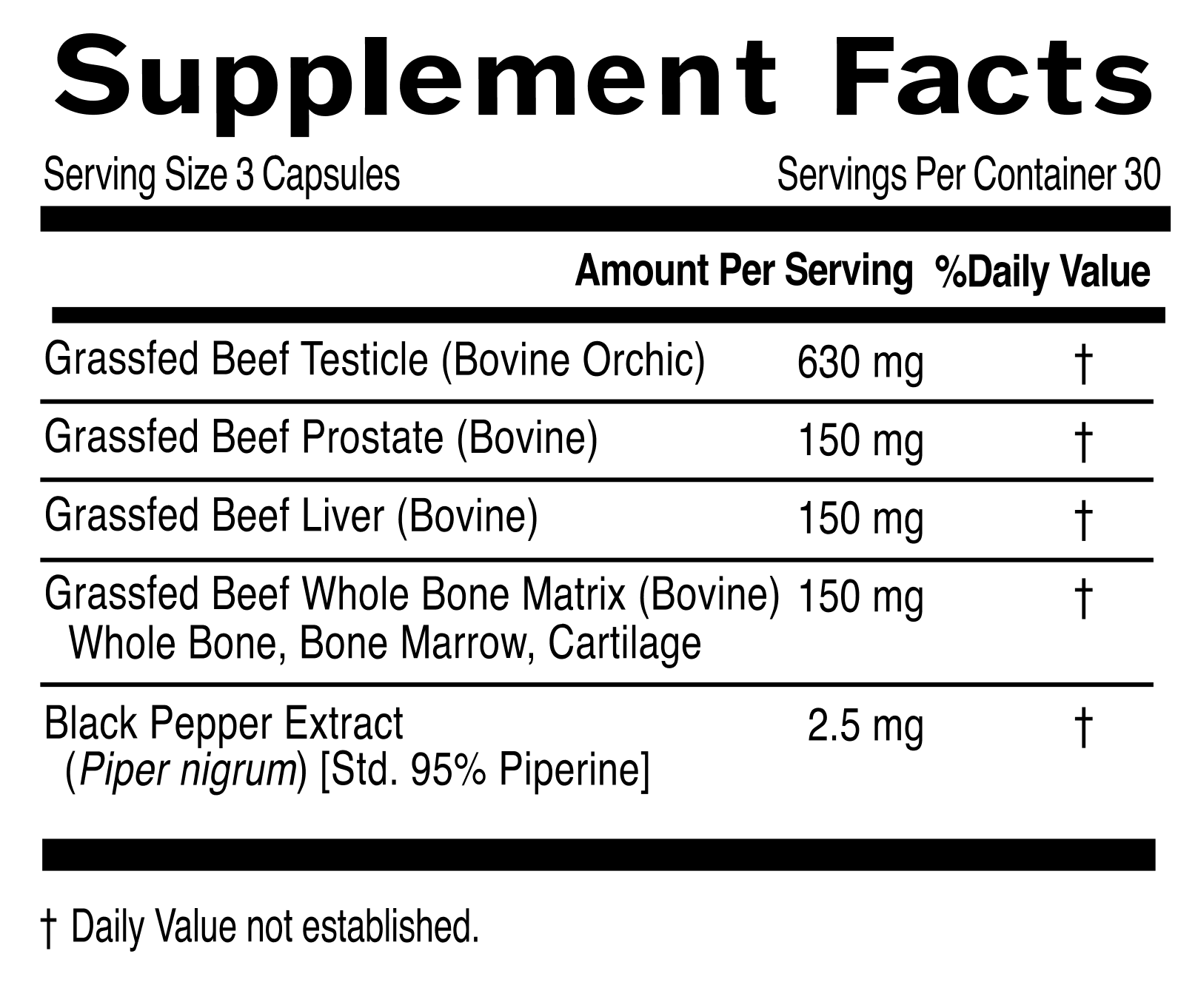 Supplement facts label for a dietary supplement with bovine ingredients and black pepper extract.
