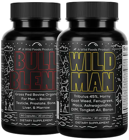 Dietary supplement bottles labeled 'Bull Blend' and 'Wild Man.'