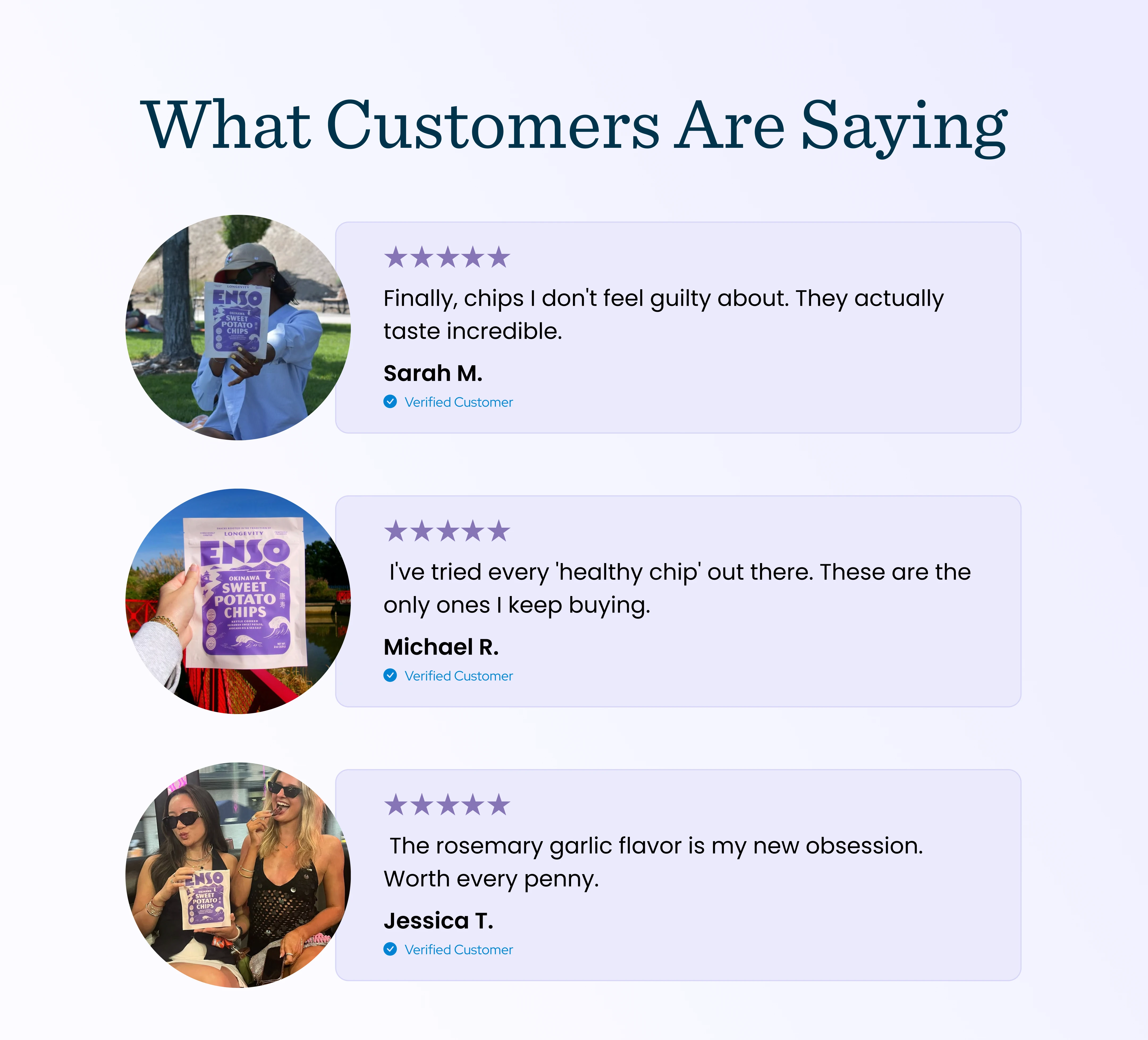 A series of three positive customer testimonials for Enso Sweet Potato Chips, with photos and five-star ratings.