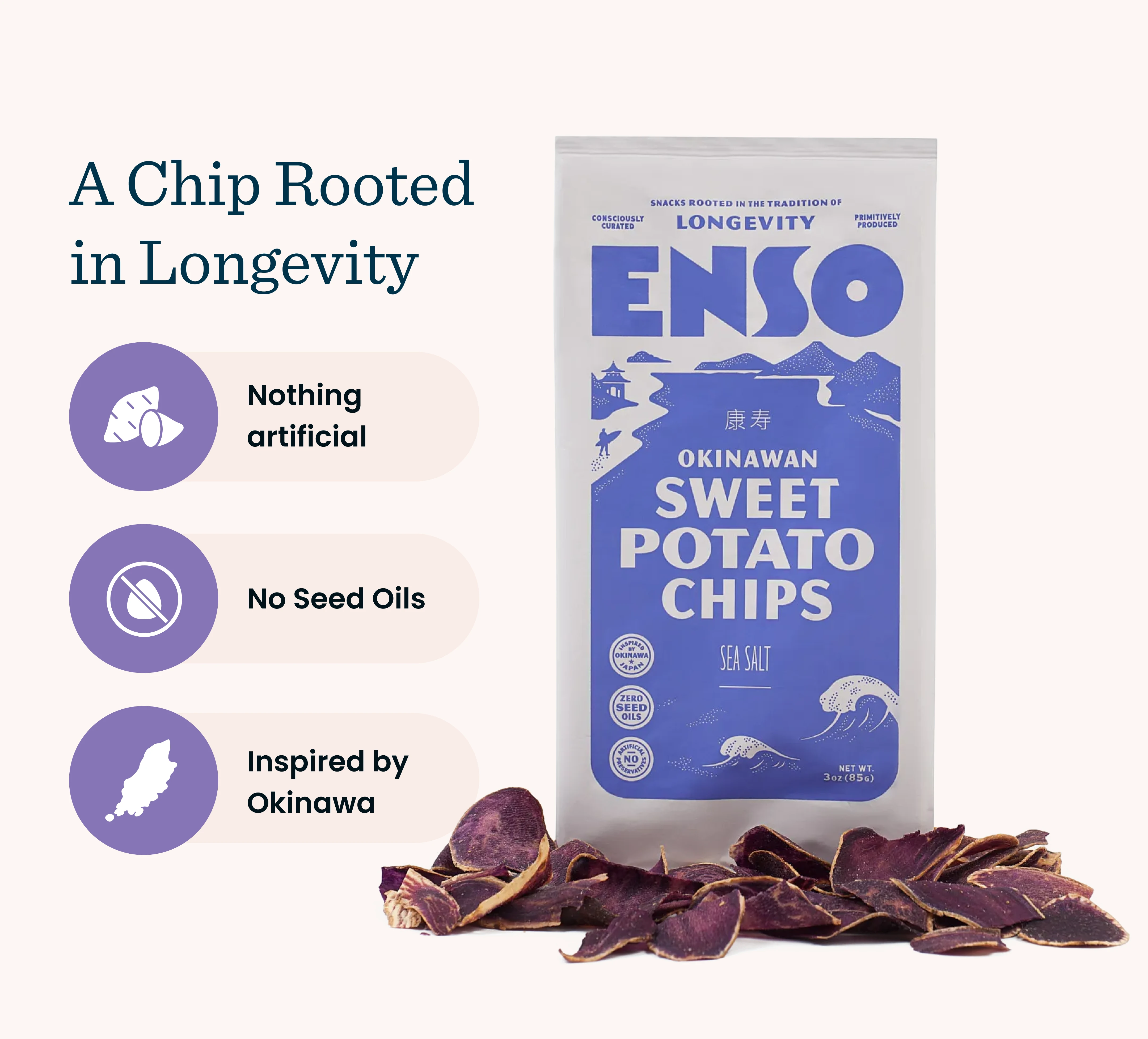 A bag of Enso Okinawan Sweet Potato Chips with product claims and a pile of purple chips.