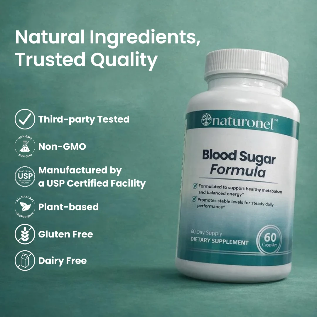 A bottle of naturonel Blood Sugar Formula supplements next to a list of its quality and ingredient features.