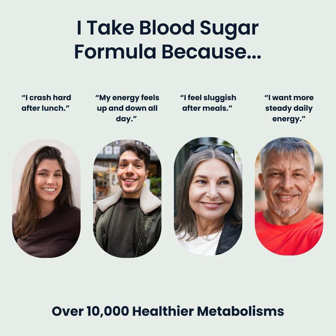 An ad for a blood sugar formula showing four people with testimonials about their energy levels.