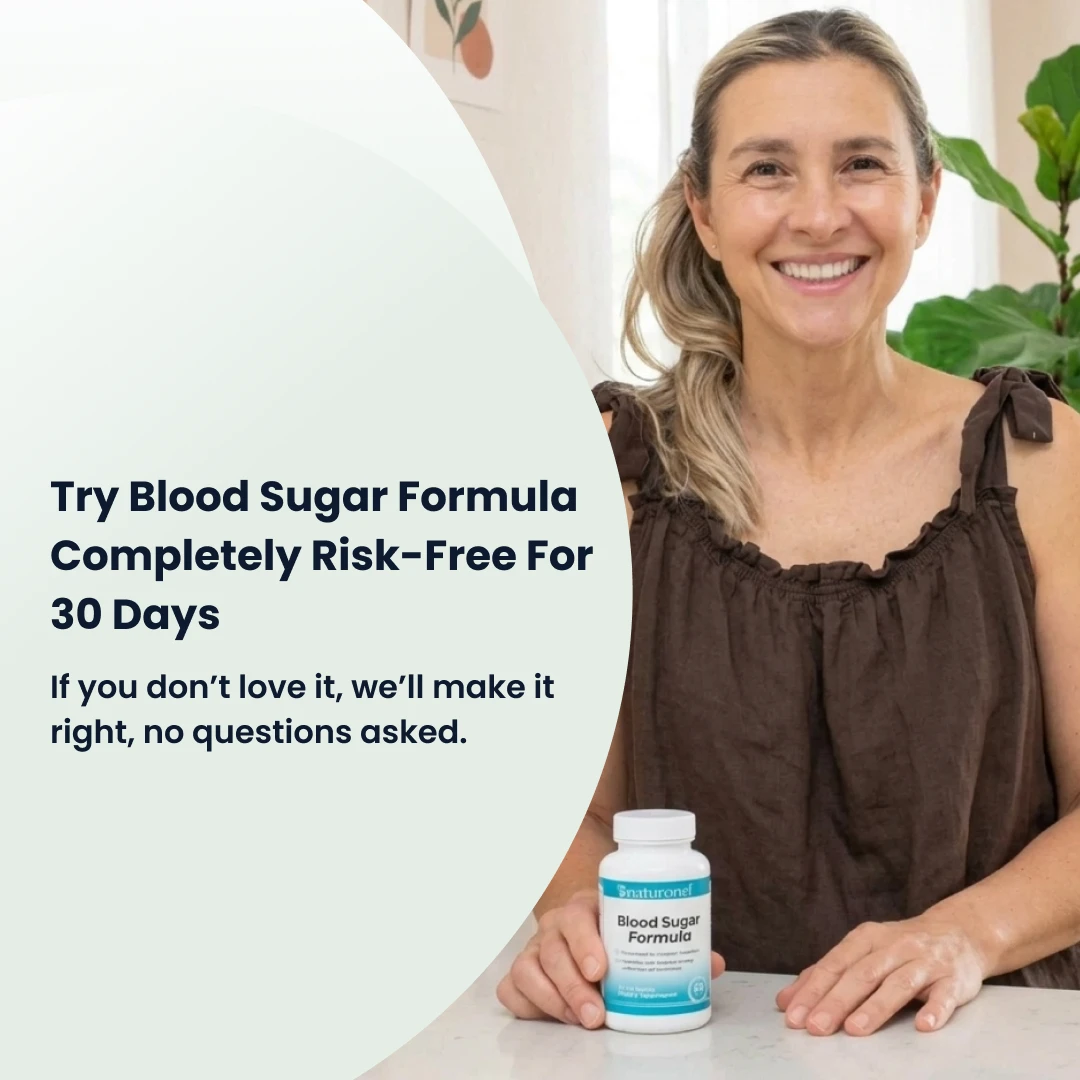 A smiling woman sits at a table holding a white bottle of Blood Sugar Formula supplements.