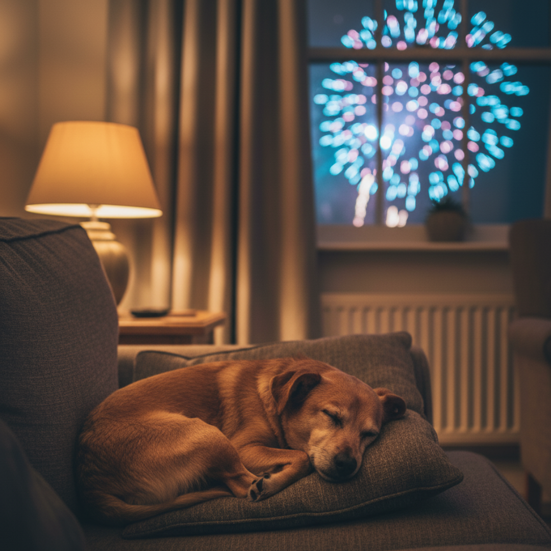 Dog sleeping on a couch with fireworks outside the window.