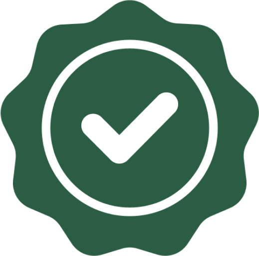 Green checkmark inside a scalloped badge icon.