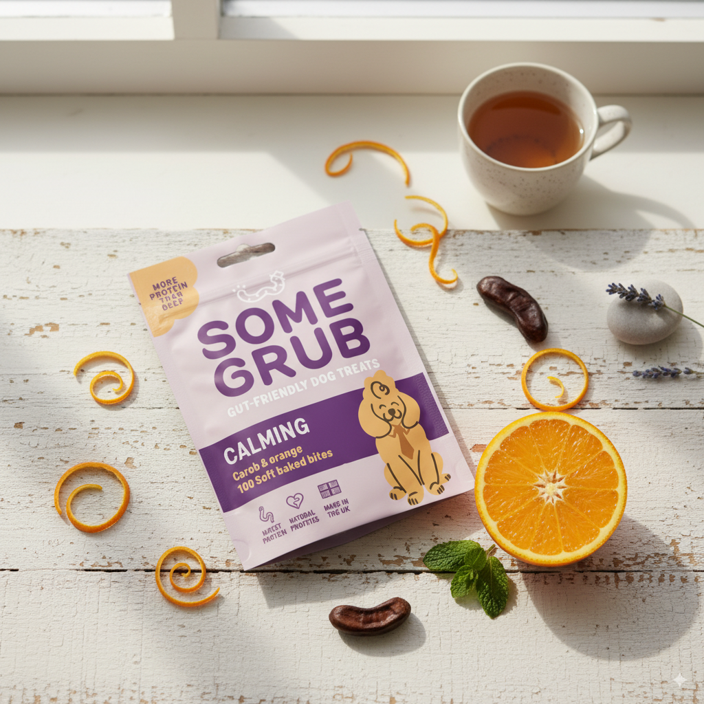 Dog treat packaging with calming theme, orange slices, cup of tea, and decorative elements on wooden surface.