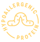Yellow hypoallergenic protein logo with abstract design.