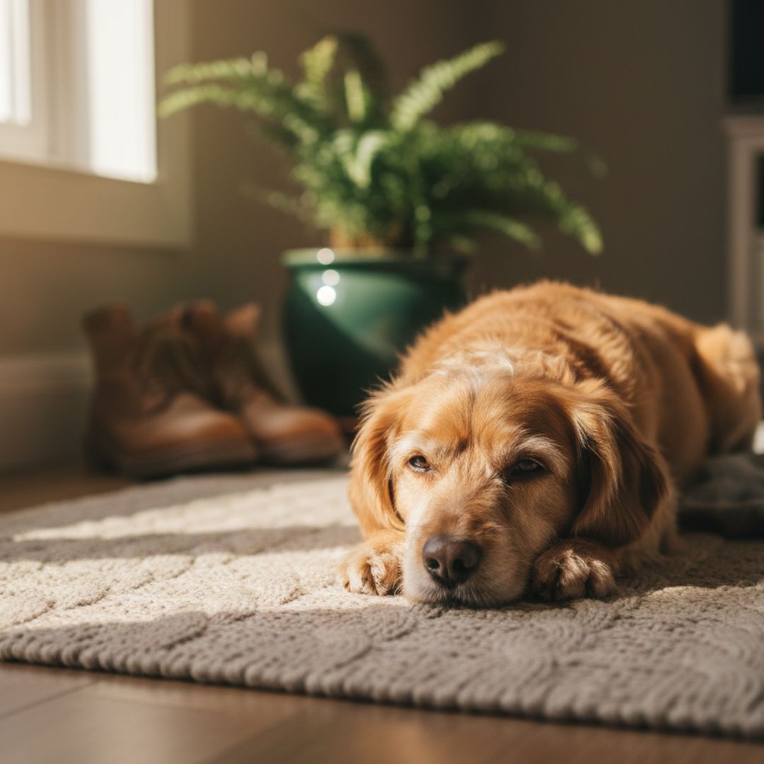 Golden retriever resting on a rug near a fern and boots.