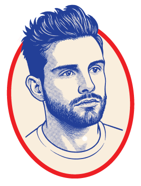 Illustration of a man with a beard in a red-bordered oval.