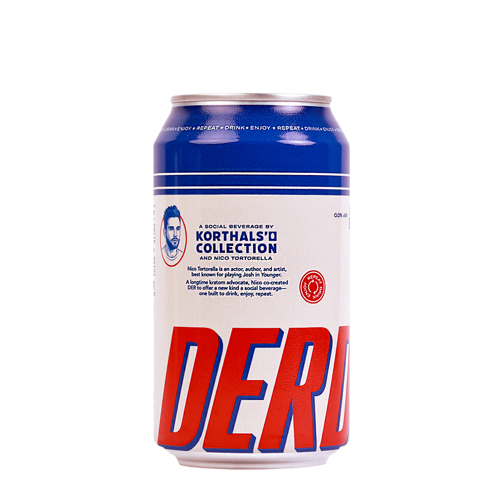 Blue and white can with 'DERD' and portrait illustration on label.
