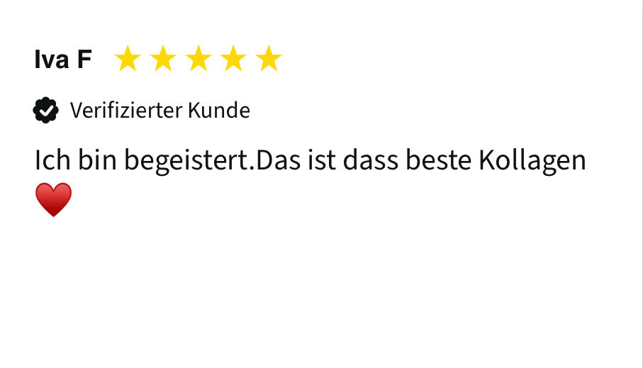 Customer review with five stars, verified badge, and heart emoji.