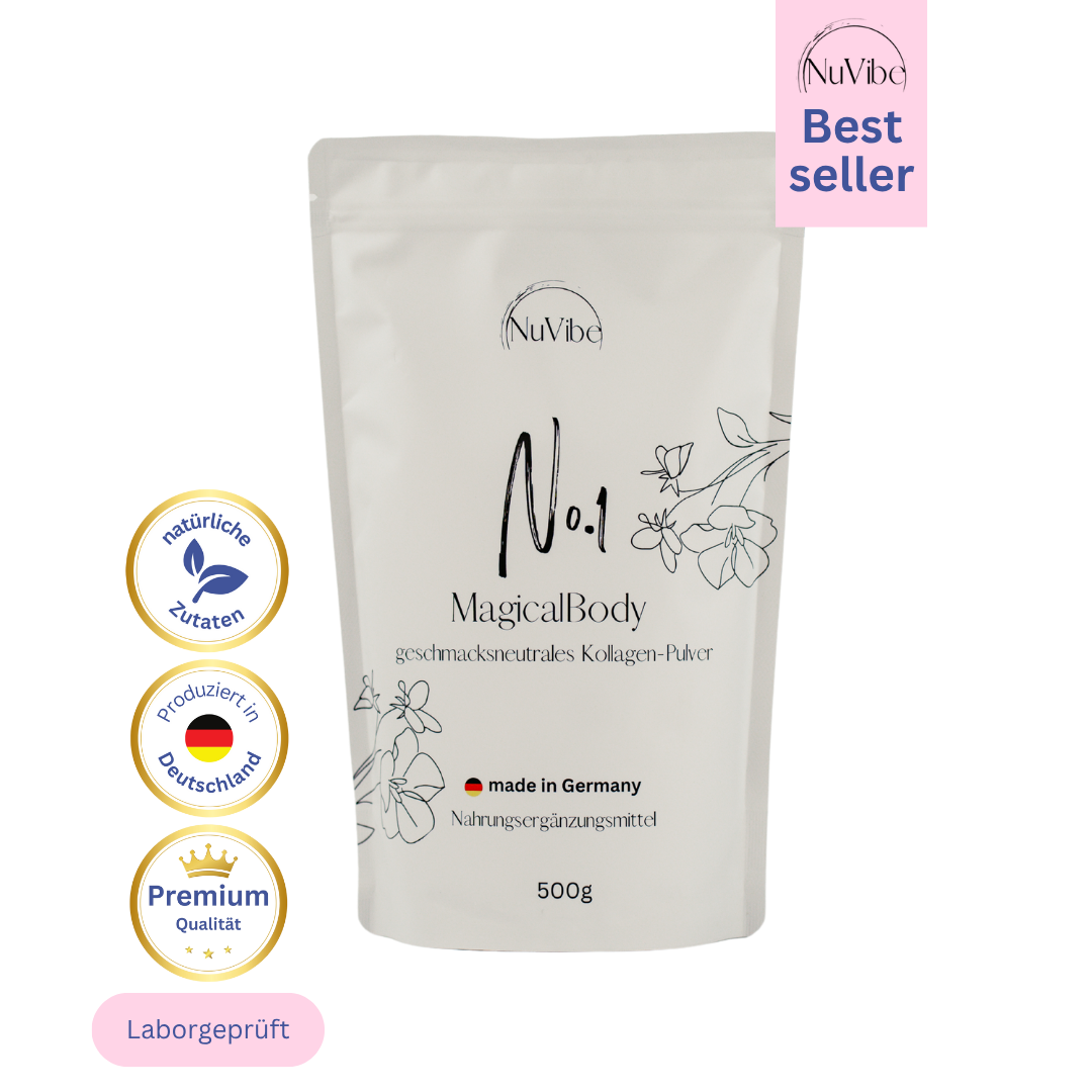 White collagen powder package with floral design and German text, labeled 'Best seller.'