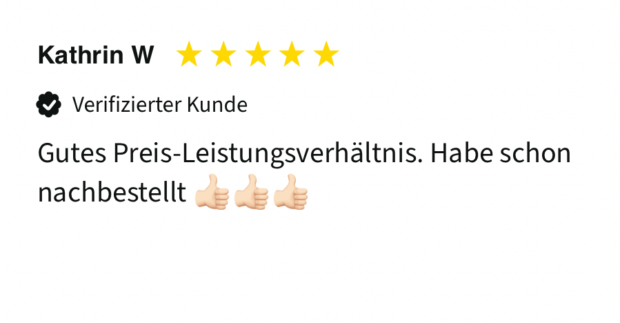 Customer review with five stars and thumbs-up emojis.