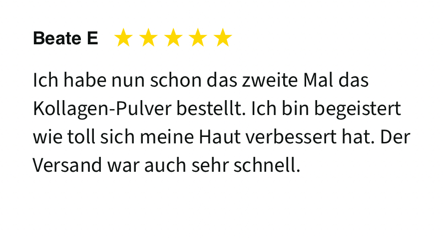 Five-star review in German about collagen powder purchase.