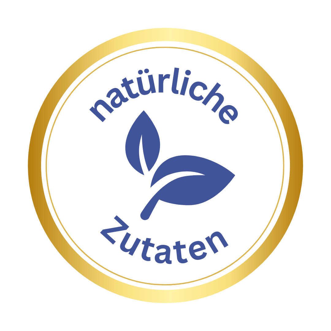 Circular badge with blue leaves and German text 'natürliche Zutaten.'