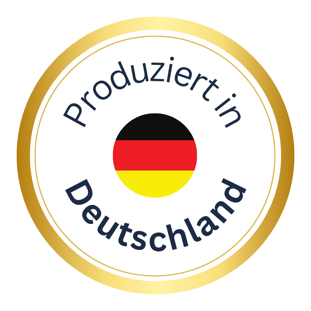 Seal with German flag and 'Produziert in Deutschland' text.