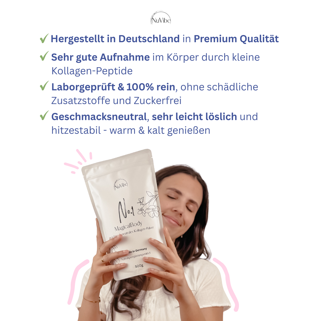 Woman holding a product package with German text and checkmarks beside it.