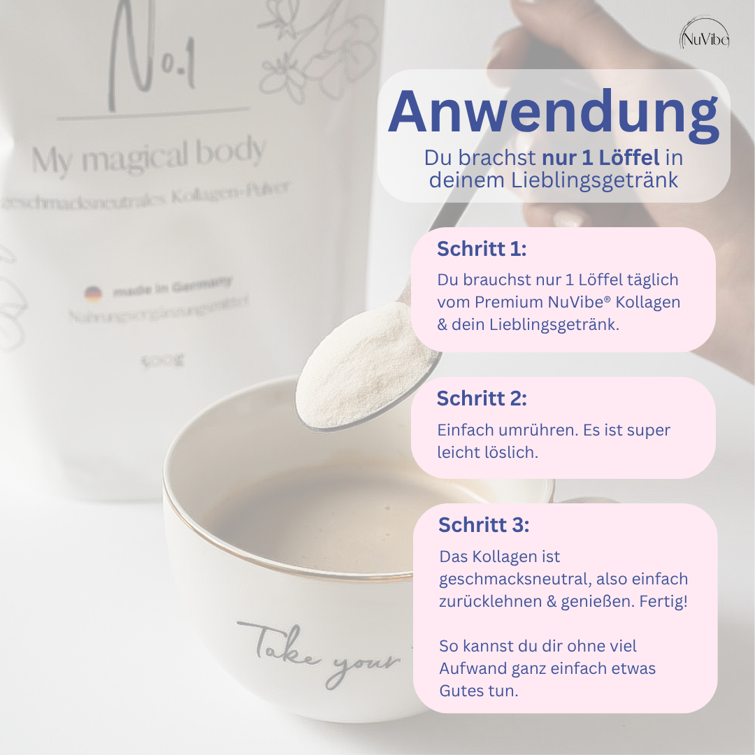 Spoon with powder over a cup, product packaging, and German text instructions.