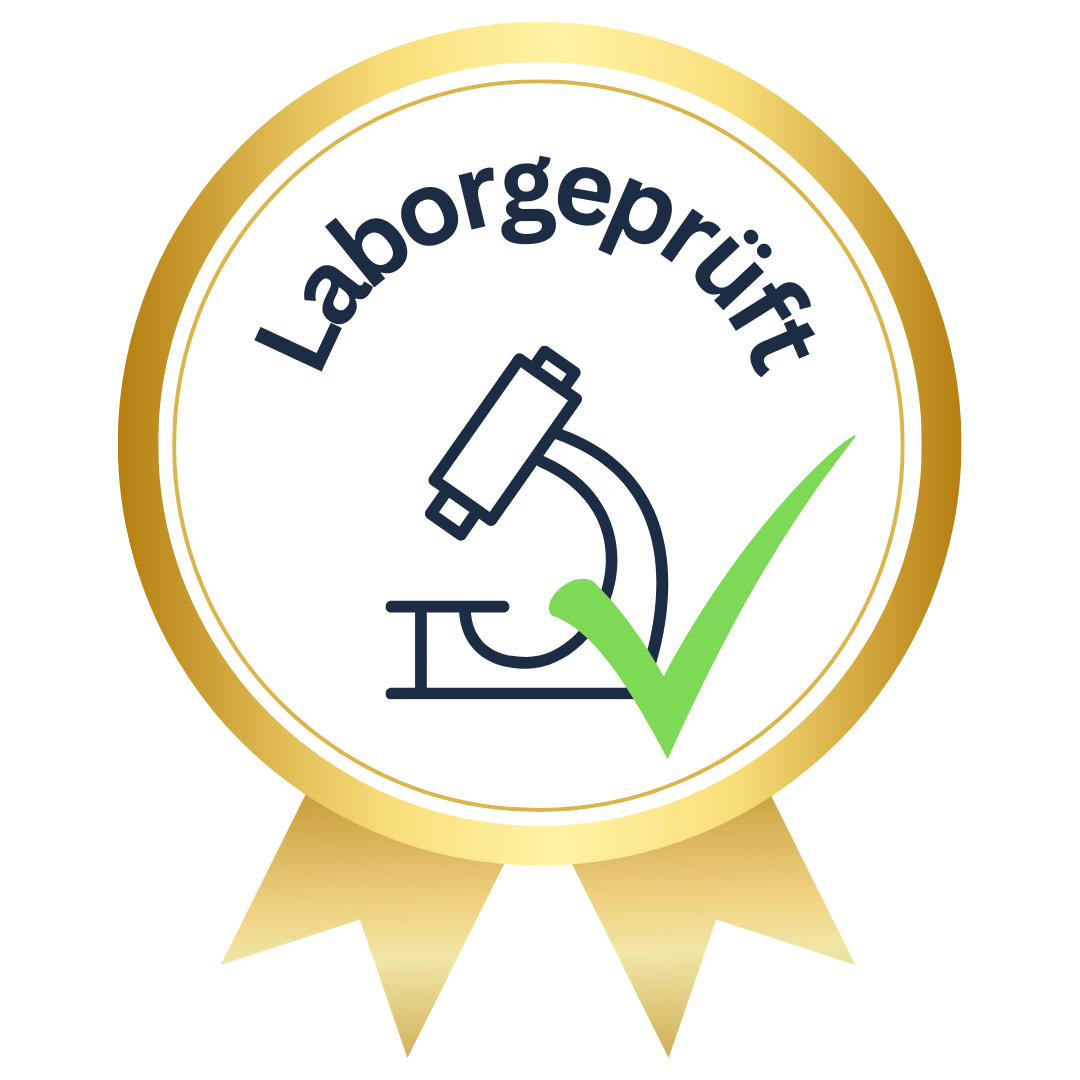 Circular badge with a microscope and check mark, labeled 'Laborgeprüft'.
