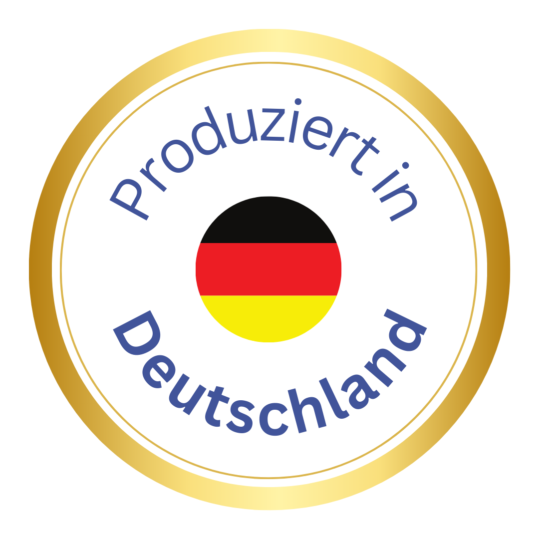Seal with German flag and text 'Produziert in Deutschland'.