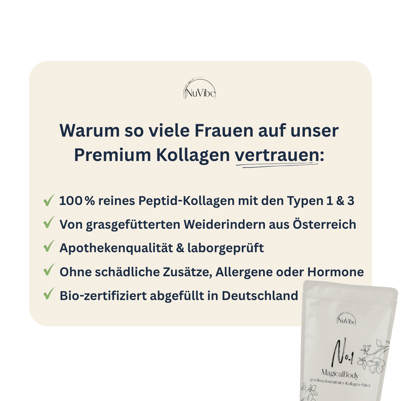 A promotional graphic for NuVibe premium collagen, listing its benefits next to a pouch of the product.