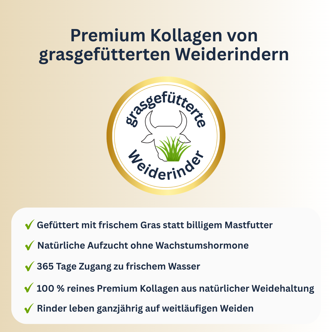 An informational graphic in German about premium collagen from grass-fed cattle, showing a logo and a checklist.