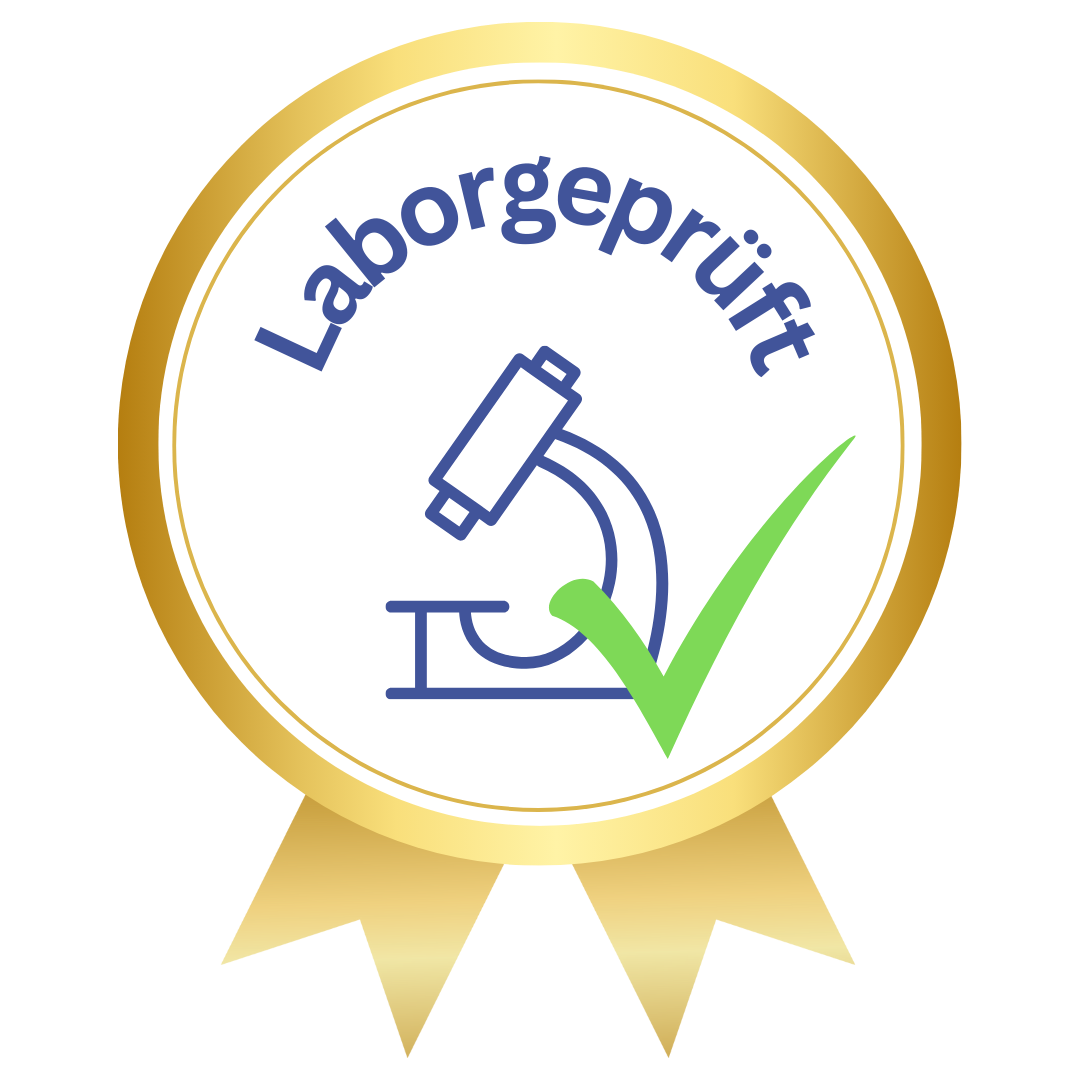 Gold badge with a microscope and a green check mark, labeled 'Laborgeprüft.'