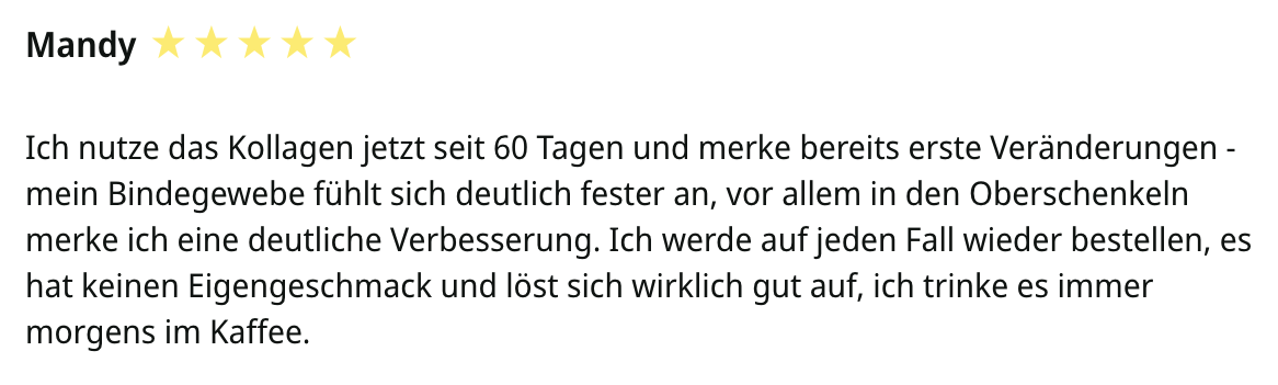 Customer review with five-star rating in German text.