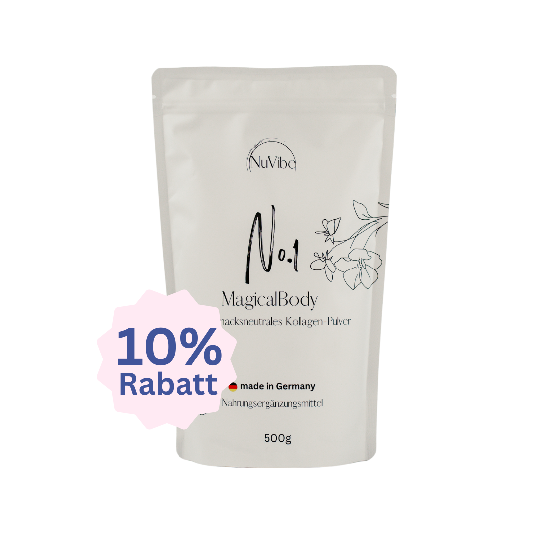 Three white collagen powder bags with a floral design and discount sticker.