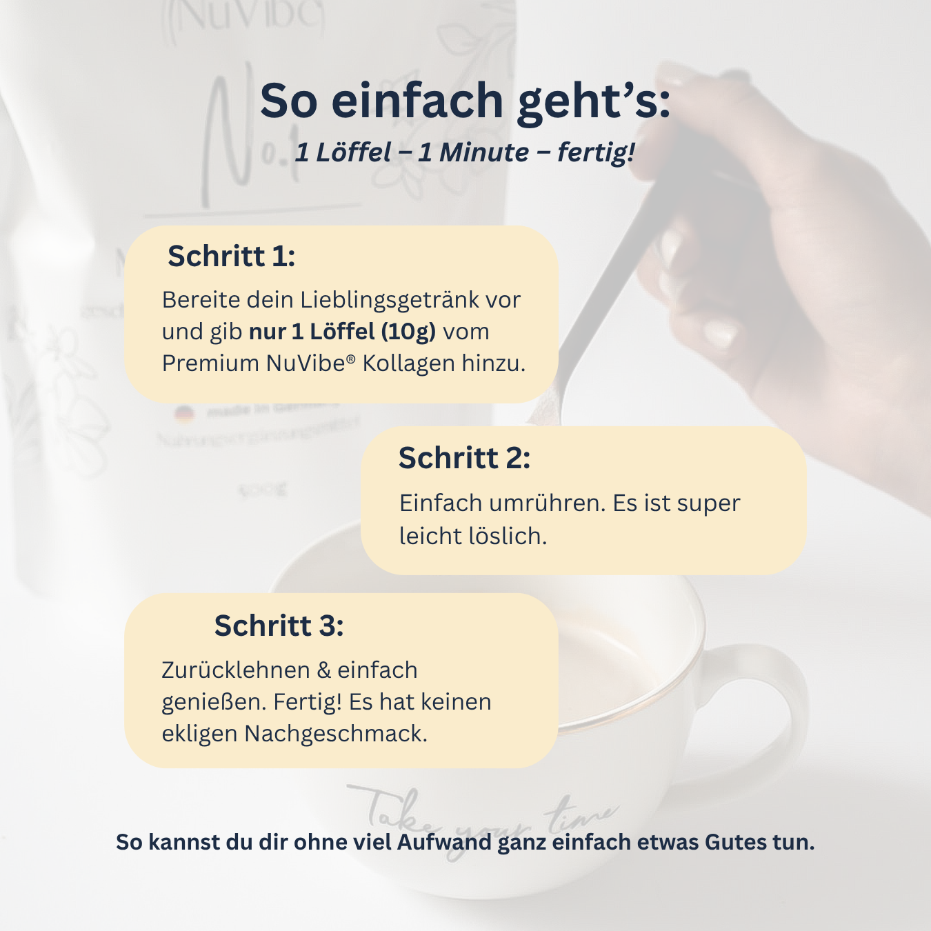 An infographic in German showing three steps for preparing a drink with collagen powder in a mug.