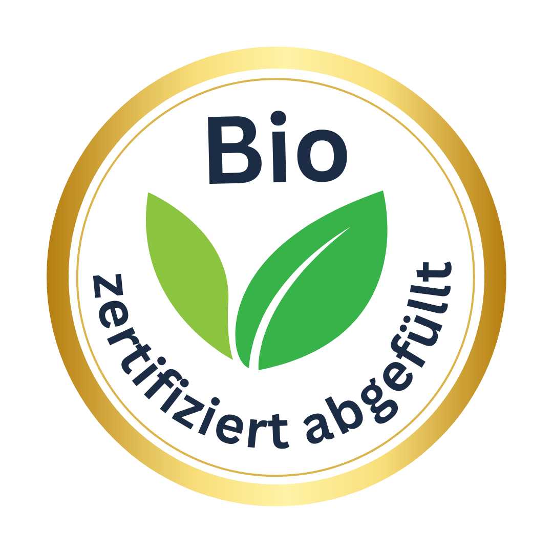 Seal with green leaves, text 'Bio zertifiziert abgefüllt'.