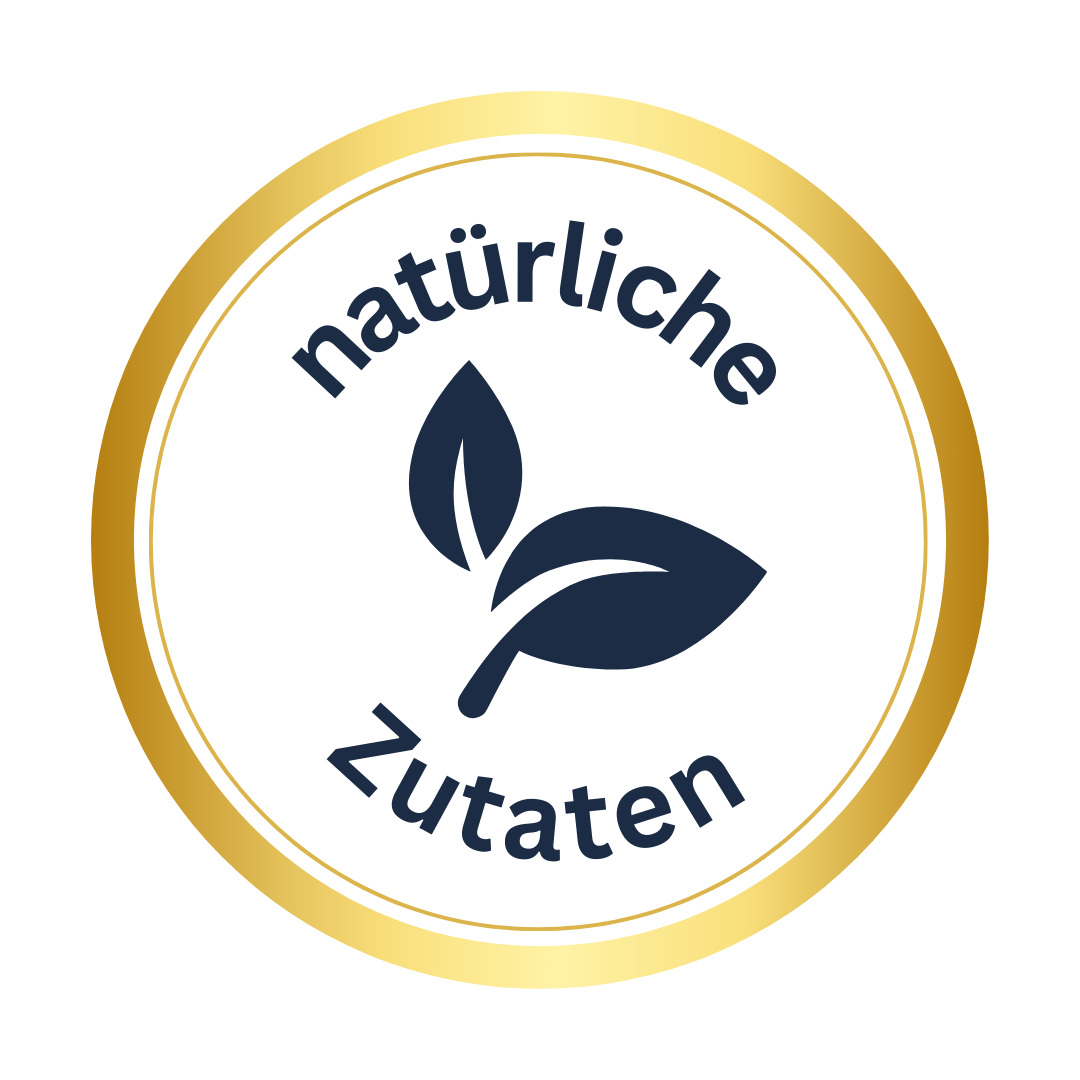 Circular badge with two leaves and text in German.