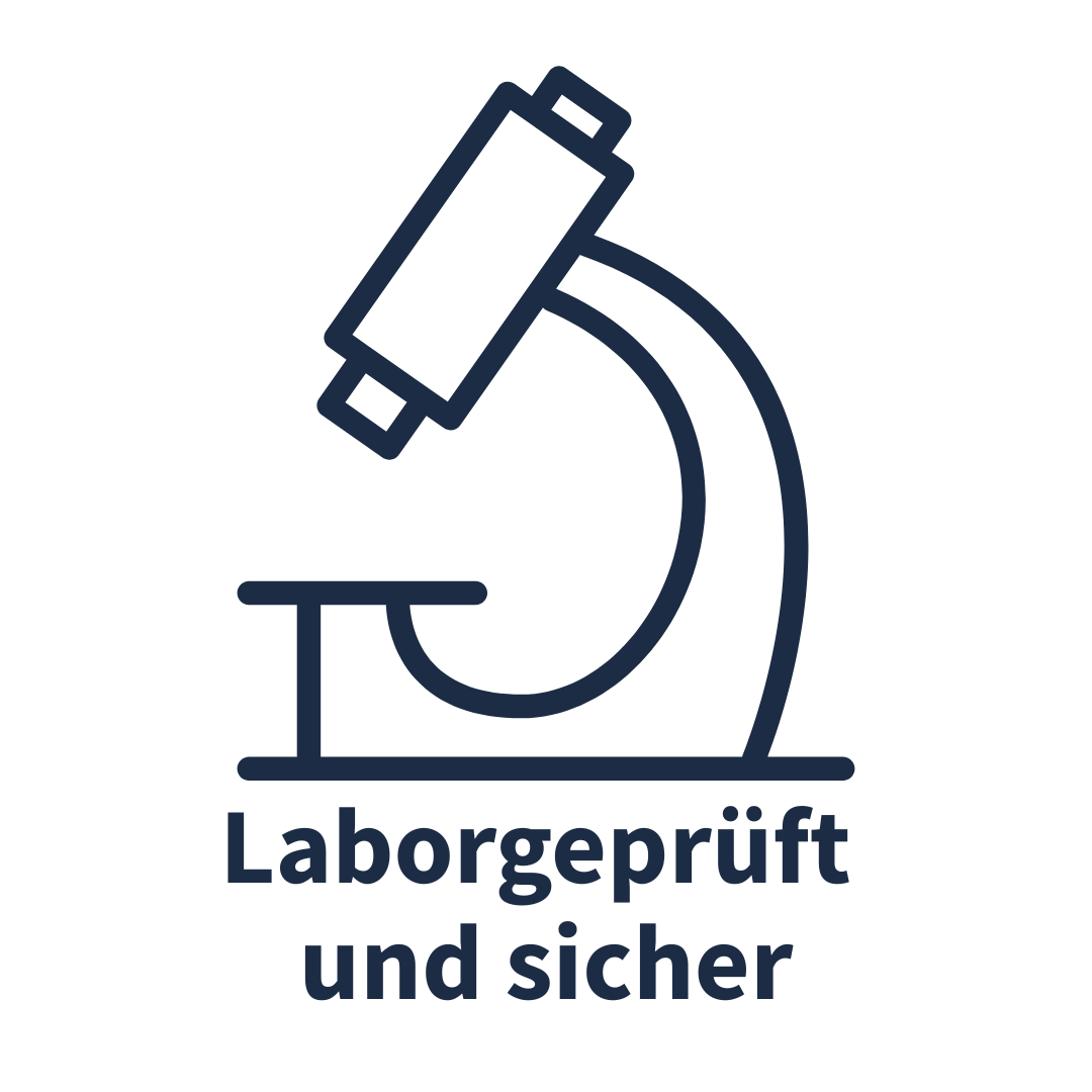 Line drawing of a microscope with German text 'Laborgeprüft und sicher.'