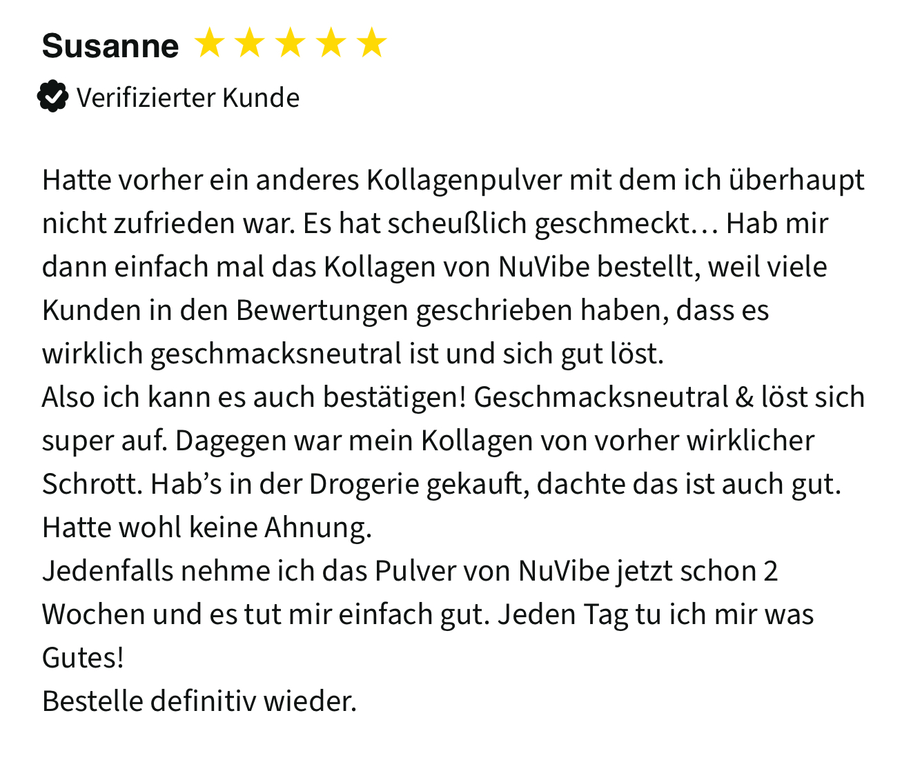 German customer review with a five-star rating for a collagen powder.
