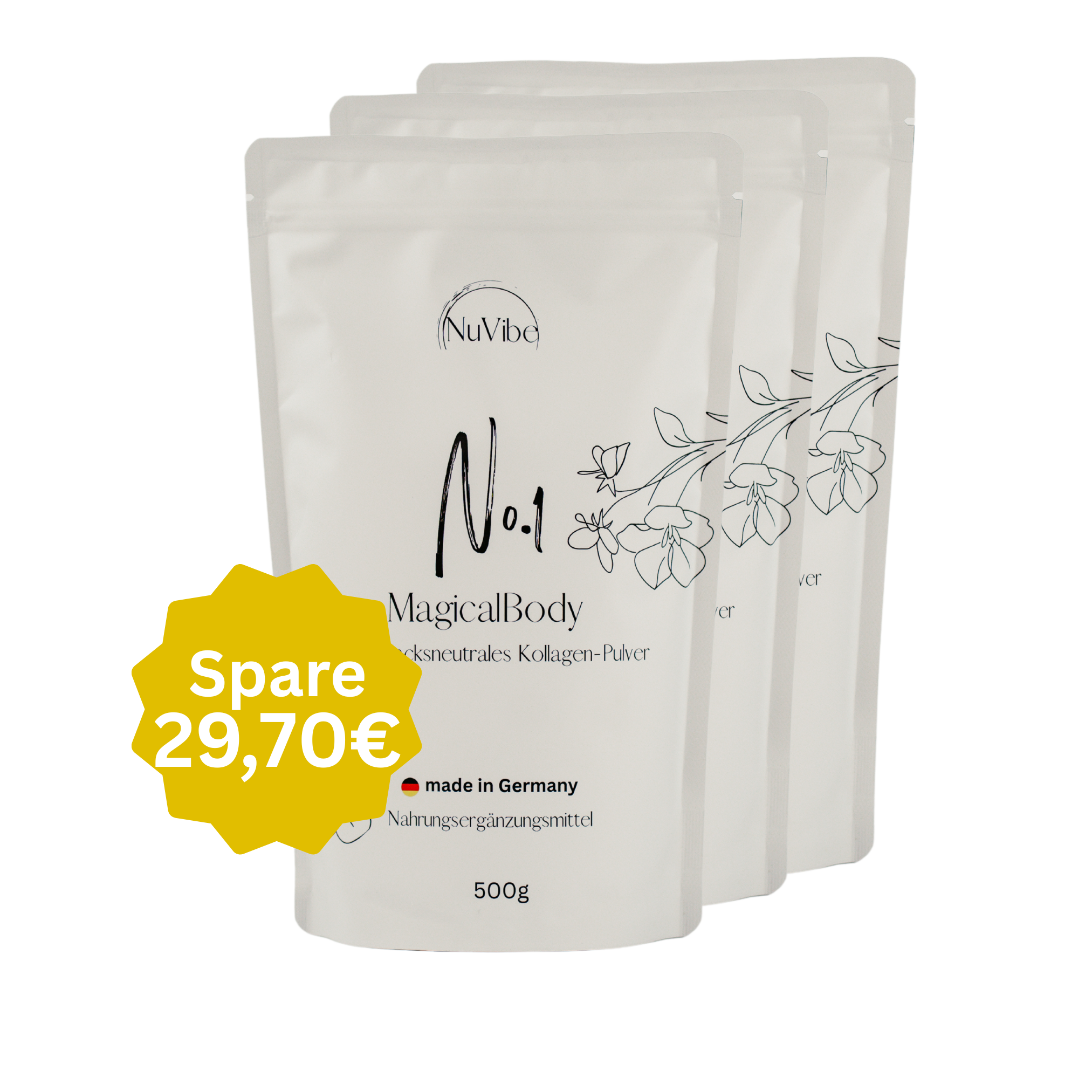 Three white collagen powder bags with a floral design and discount sticker.