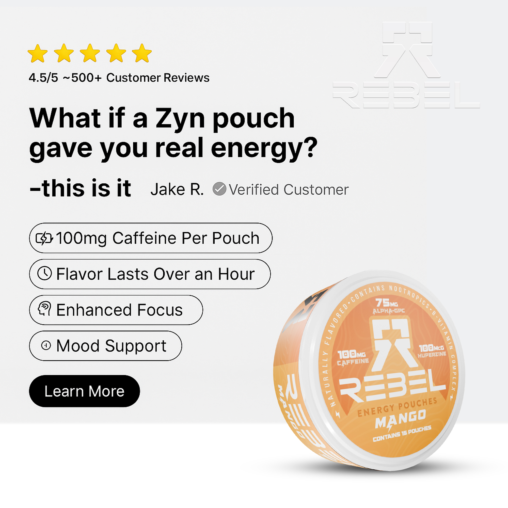 Advertisement for Rebel energy pouches with customer review and product features.