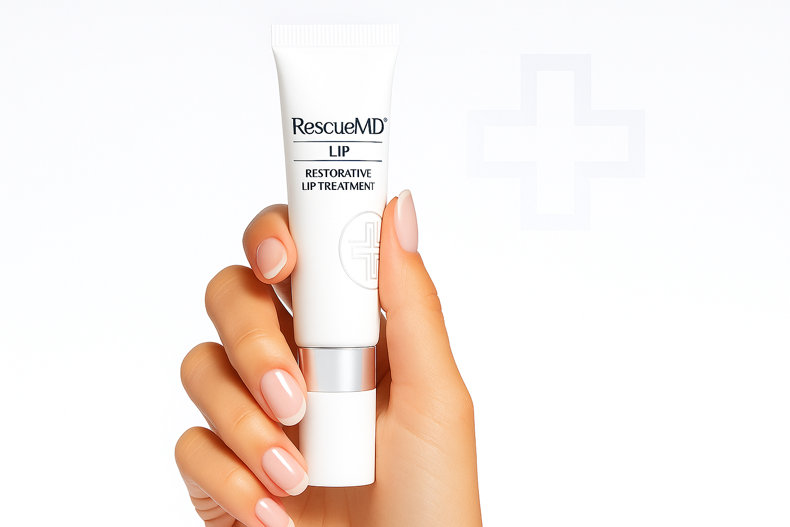 Hand holding a tube of lip treatment against a white background.