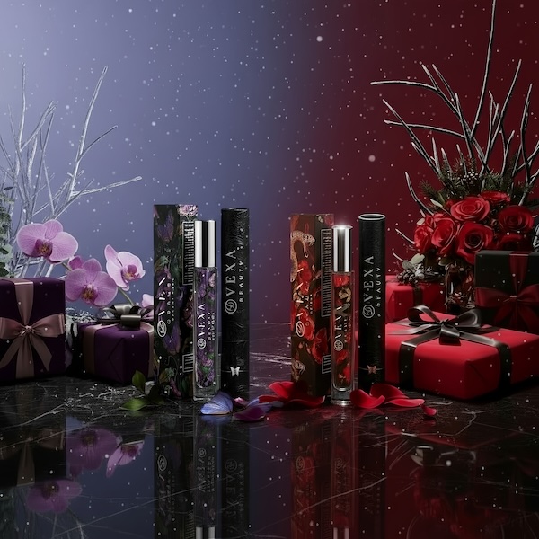 Perfume bottles with floral packaging, beside orchids and roses, against a gradient background.