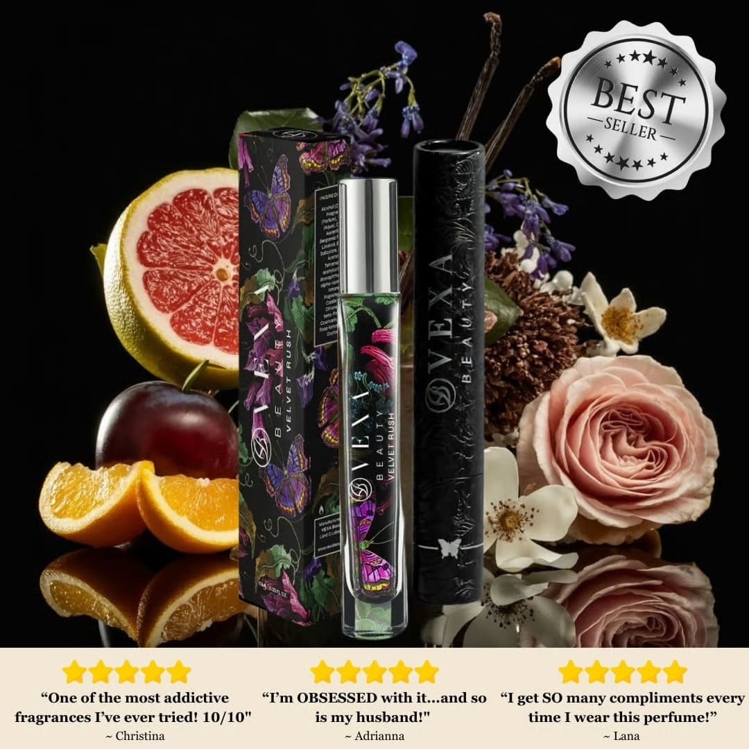 Perfume bottle with floral box, citrus fruits, and flowers; includes reviews and 'Best Seller' badge.